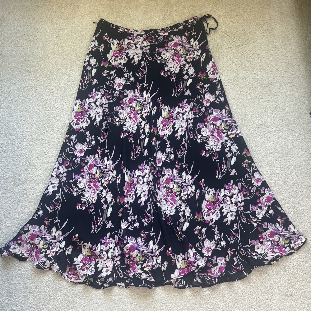 Jones New York 100% Silk Floral Maxi Skirt L Black Pink Whimsygoth Cottagecore